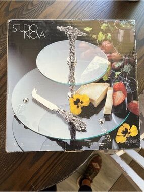Studio Nova Clear Glass Two-Tier Serving Stand with Silver-Tone Ornate Accents